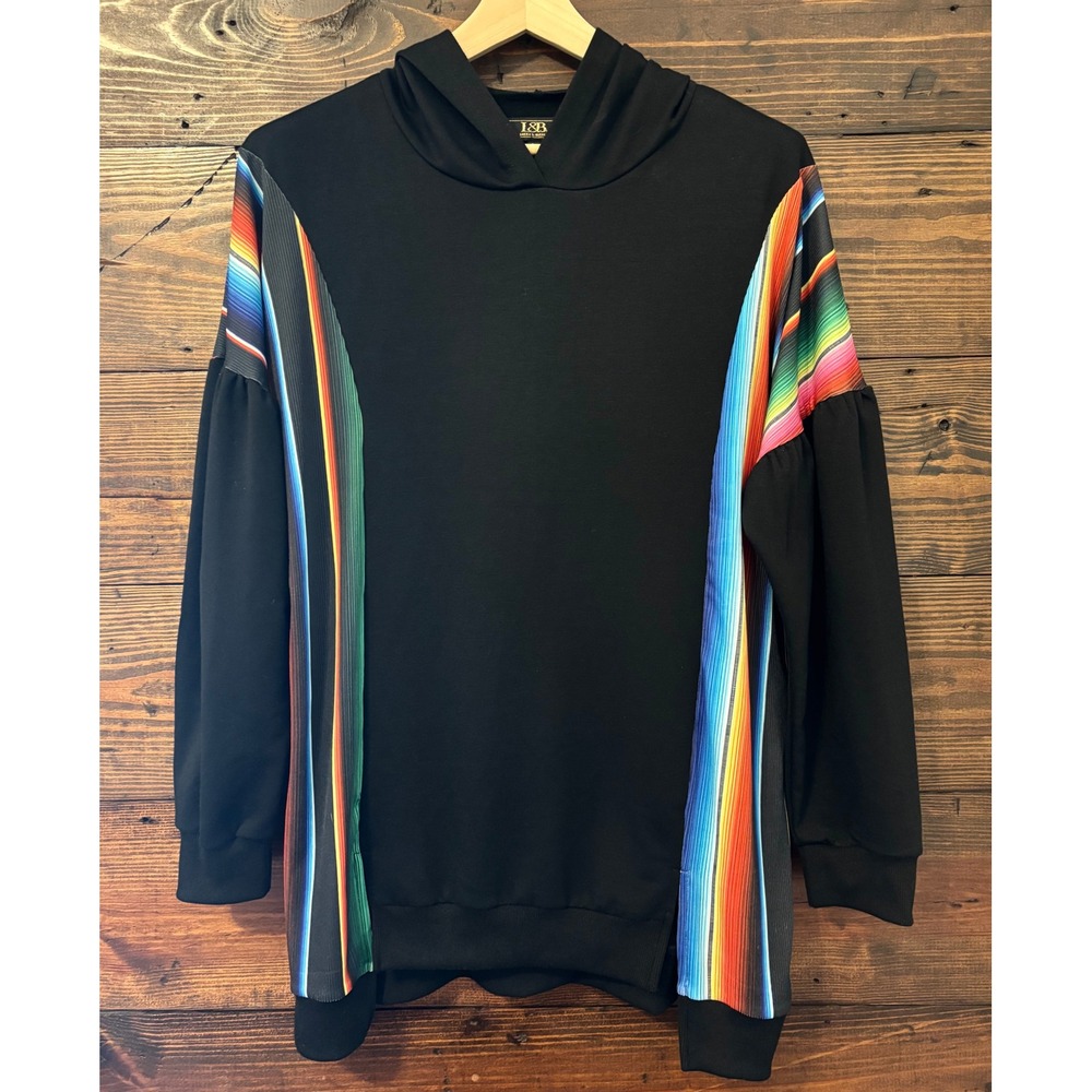 L&B Serape Stripe Hoodie Women's L Black Boho Southwestern Festival Oversized